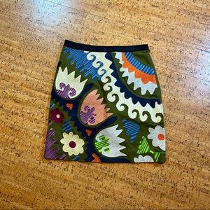 Anthropologie, Vanessa Virginia Tulipa, Green Embroidered Mini Skirt, Size 4